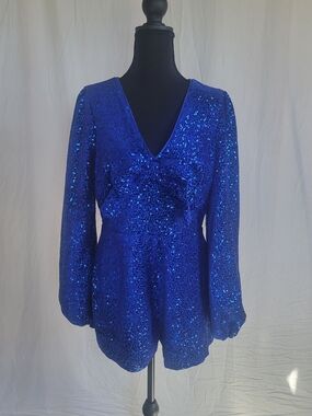 Anthropologie Royal Blue Sequin Long-Sleeve Romper